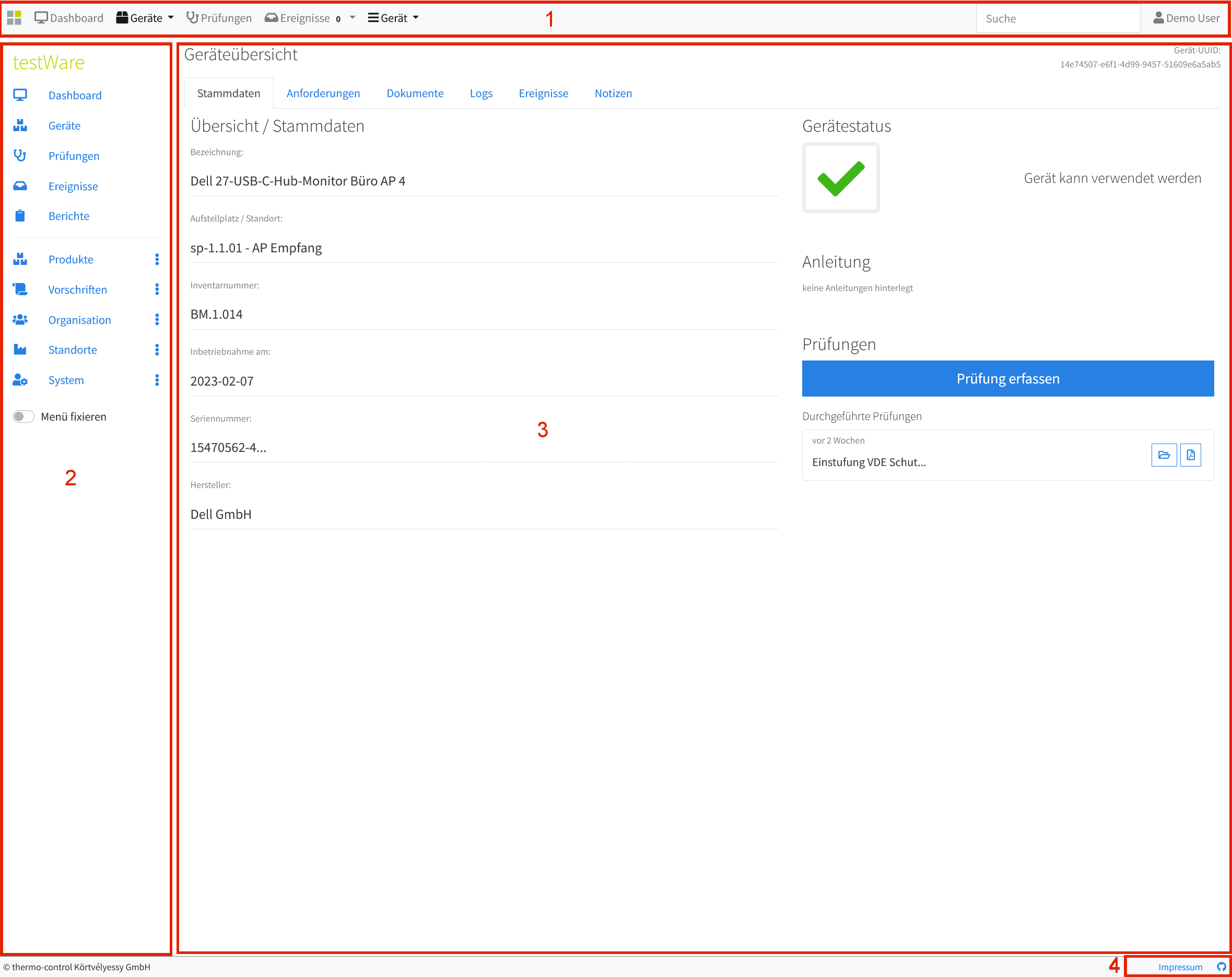 Aufteilung der grafischen Oberfläche der testWare in 4 Bereiche