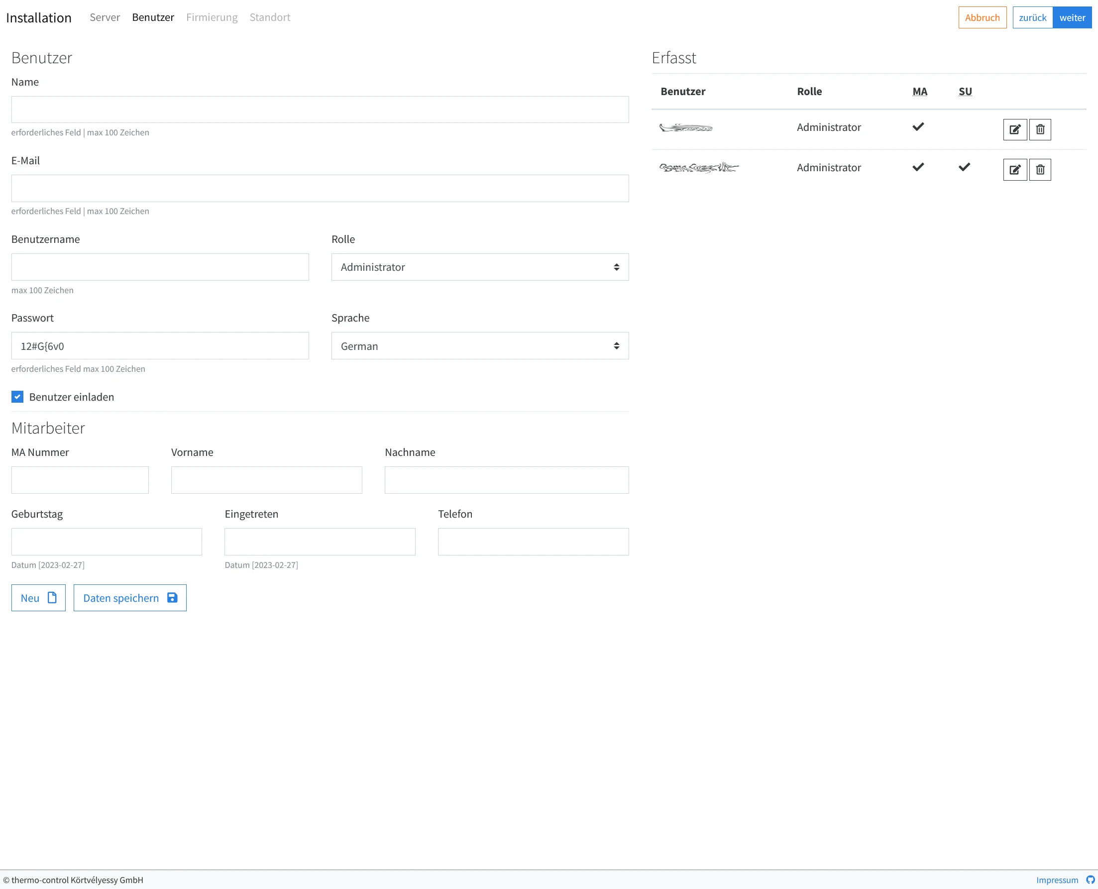 testWare Webinstaller Benutzer und Mitarbeiterverwaltung