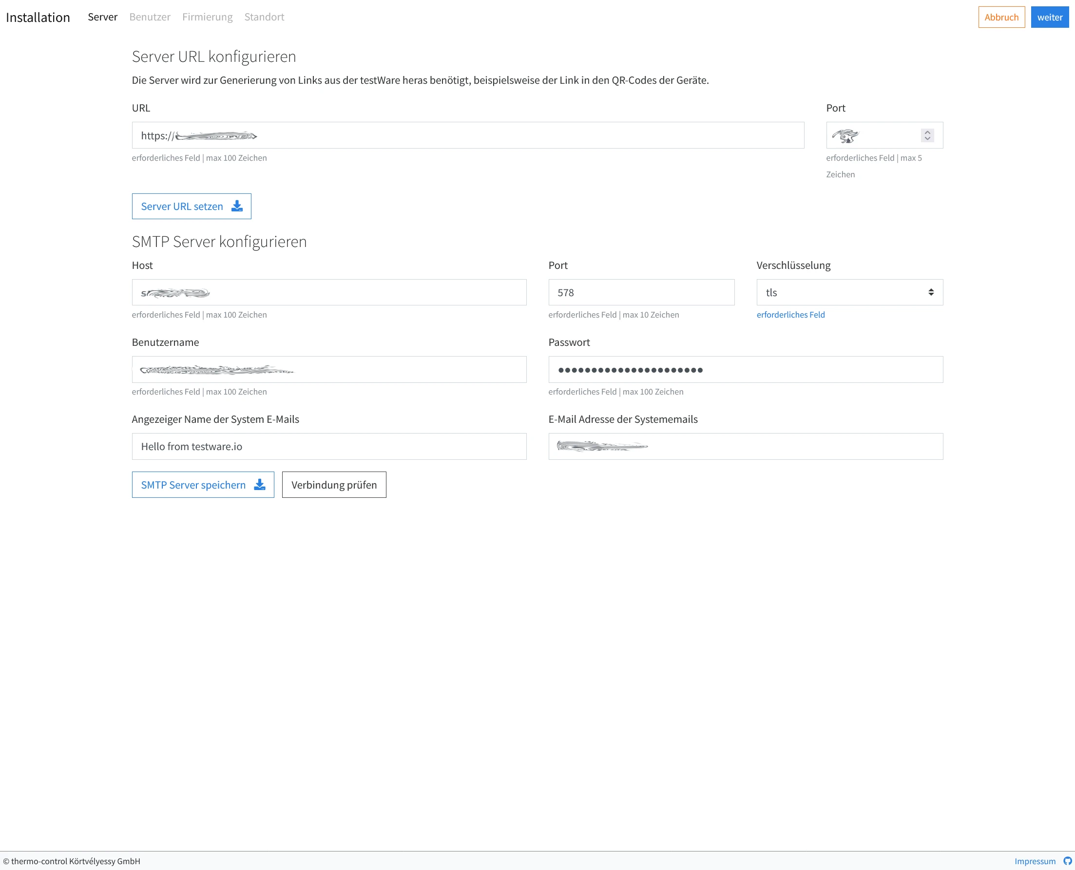 testWare Webinstaller Startseite zur Einrichtung der Serveradresse und optionaler E-Mail Server Connector